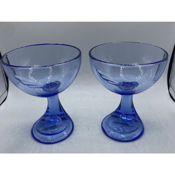 Set Of 2  Bormioli Rocco Italy Jerba Blue Glasses Goblets Curved Stem Offset - Picture 2 of 6